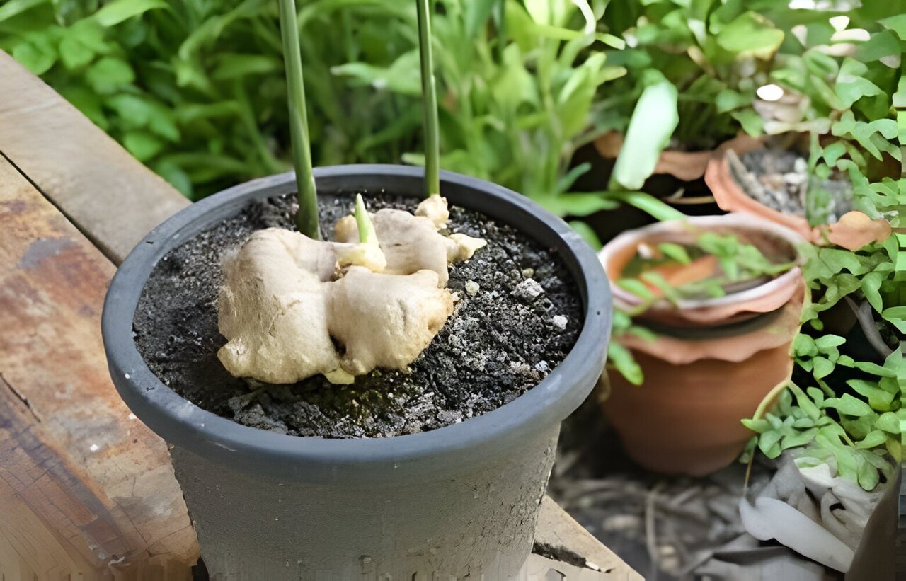 Ginger shoots on the soil in pot
